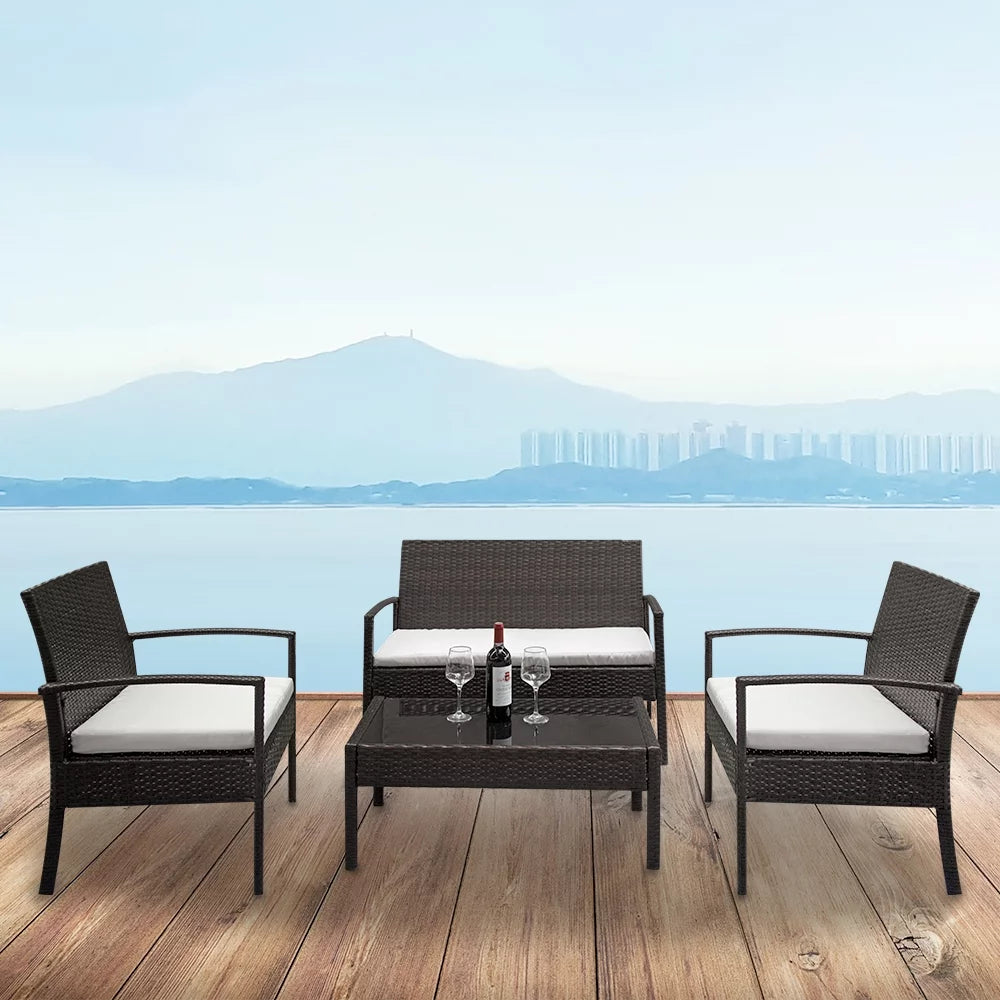 4 PCs Outdoor Wicker Conversation Set with Tempered Glass Coffee Table S803