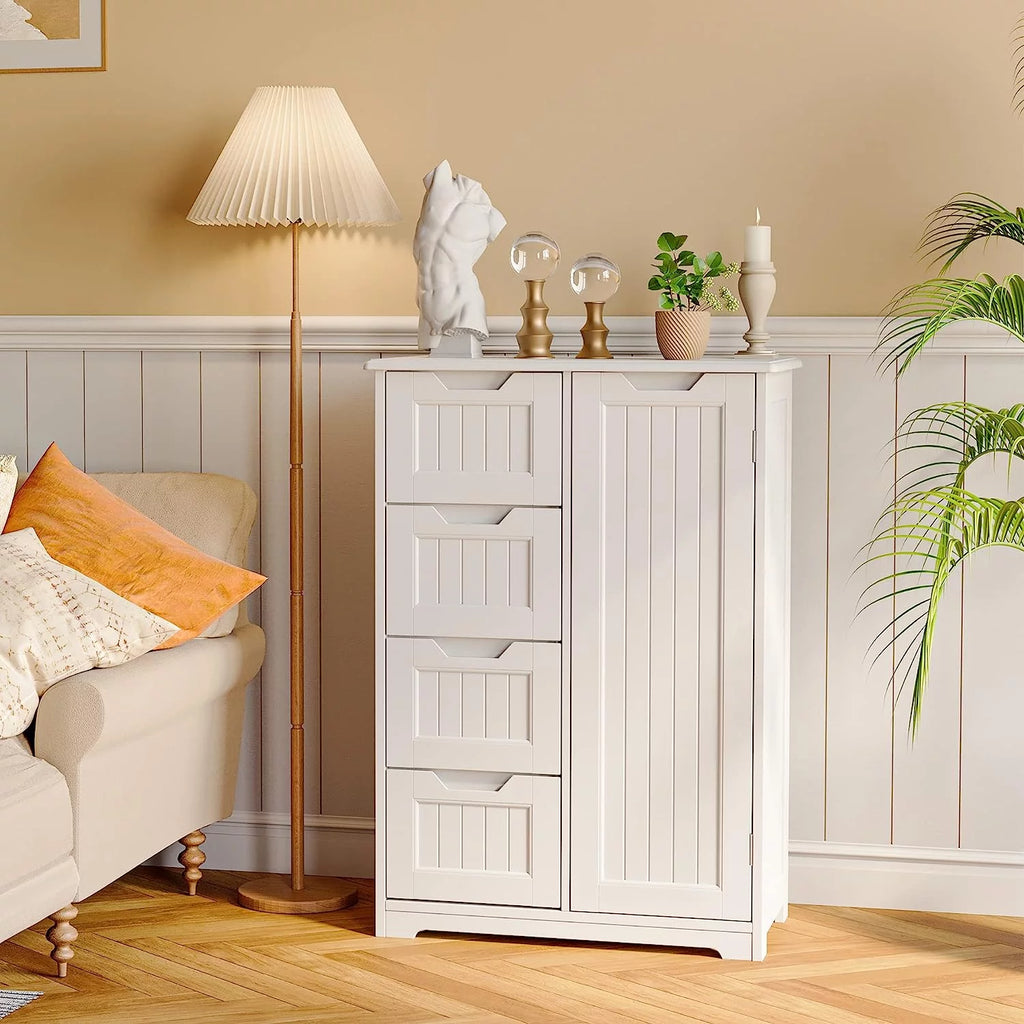 White 33" Wooden Storage Cabinet with Door and 4 Drawers P69854