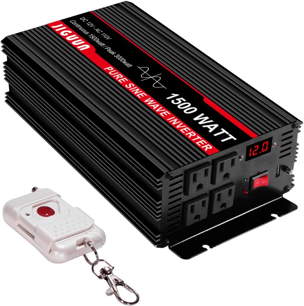 Pure Sine Wave Inverter 1500 Watt DC 12V to AC 120V with LCD, 4 AC Outlets & USB Output, 170ft Wireless Control V77631