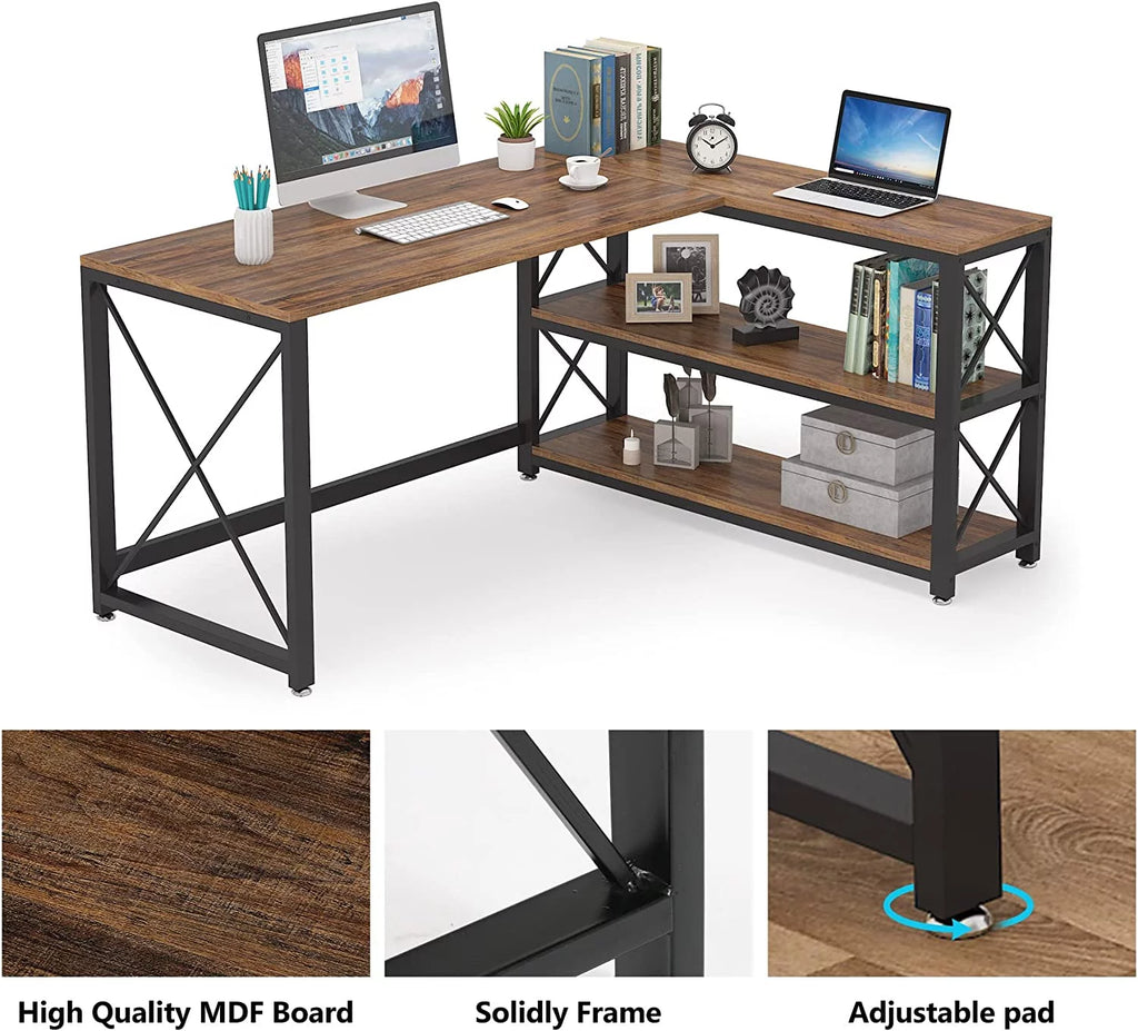 Reversible Industrial L-Shaped Desk with Storage Shelves, Corner Computer Desk (Brown, 59") S351907