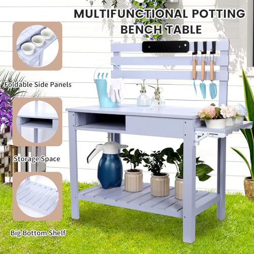 Wooden Potting Bench Table with 3 Side Hook Shelf Z70310
