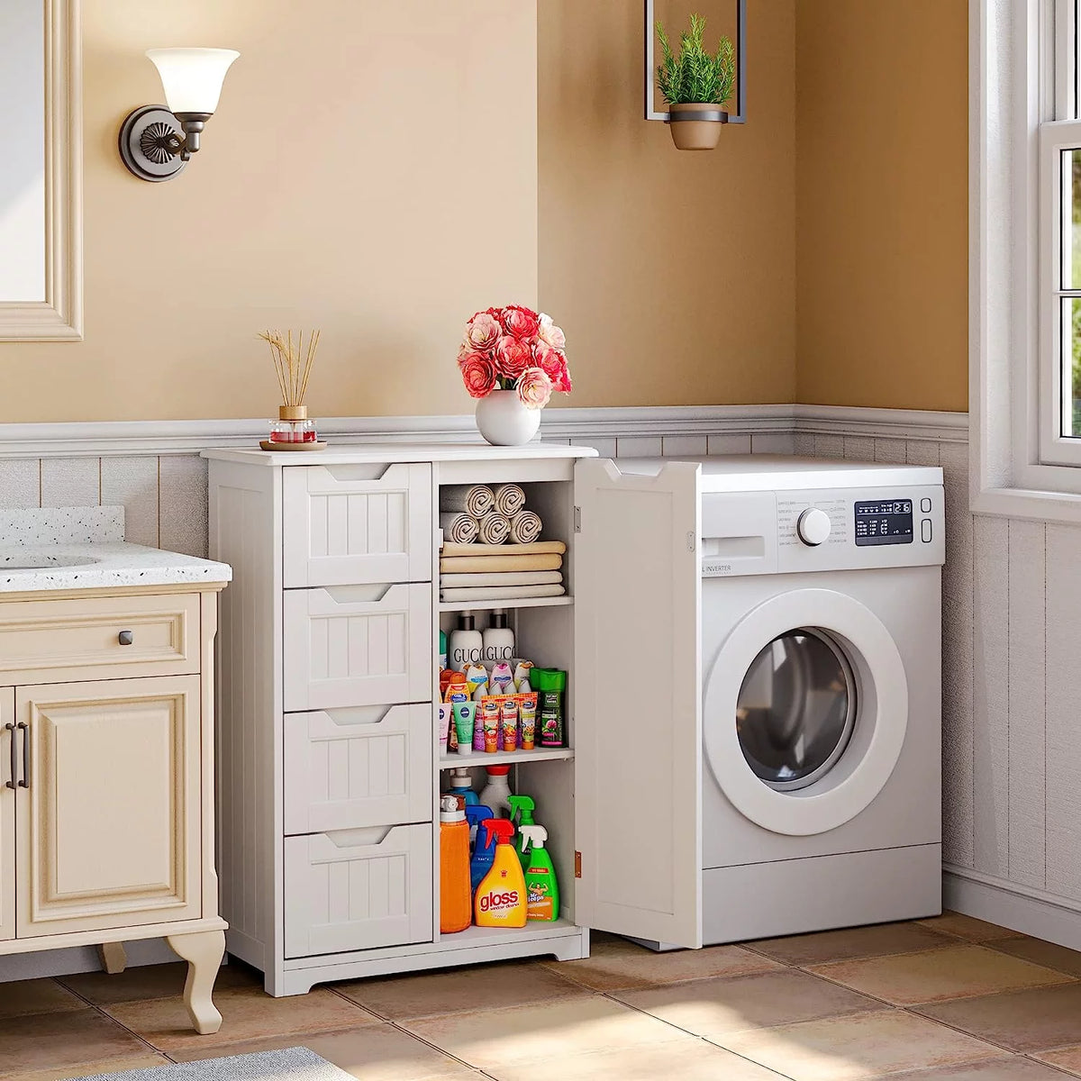 White 33" Wooden Storage Cabinet with Door and 4 Drawers P69854