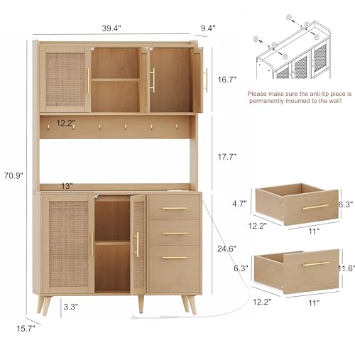 Black and Natural Tall Kitchen Pantry Cabinet with Microwave Shelf and Charging Station M729