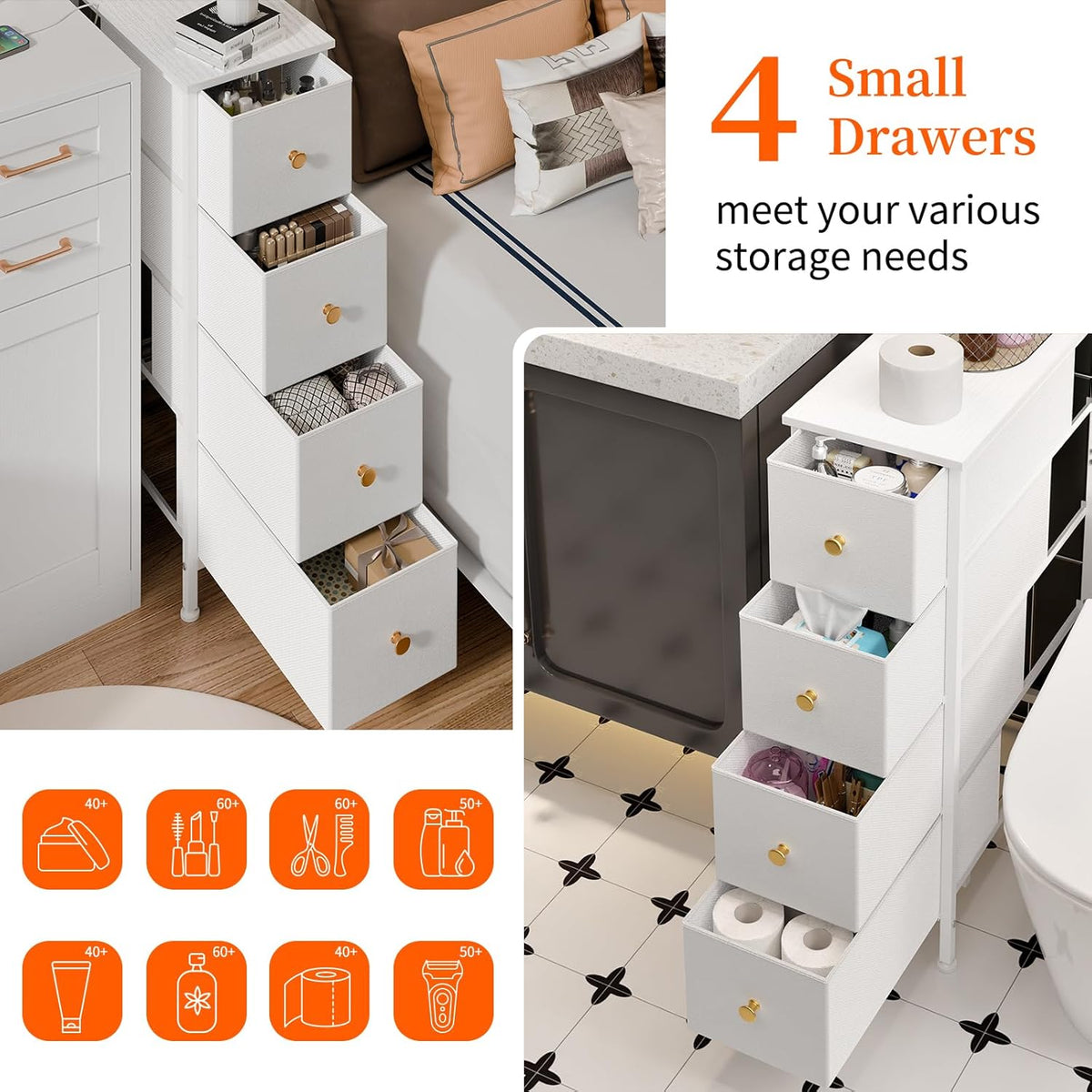 White 4 Drawer Slim Fabric Dresser with Steel Frame and Wood Top K72446