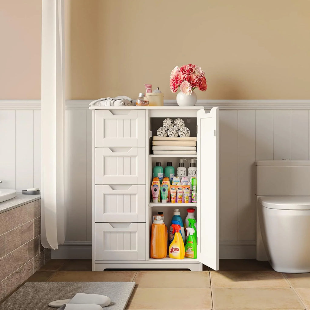 White 33" Wooden Storage Cabinet with Door and 4 Drawers P69854