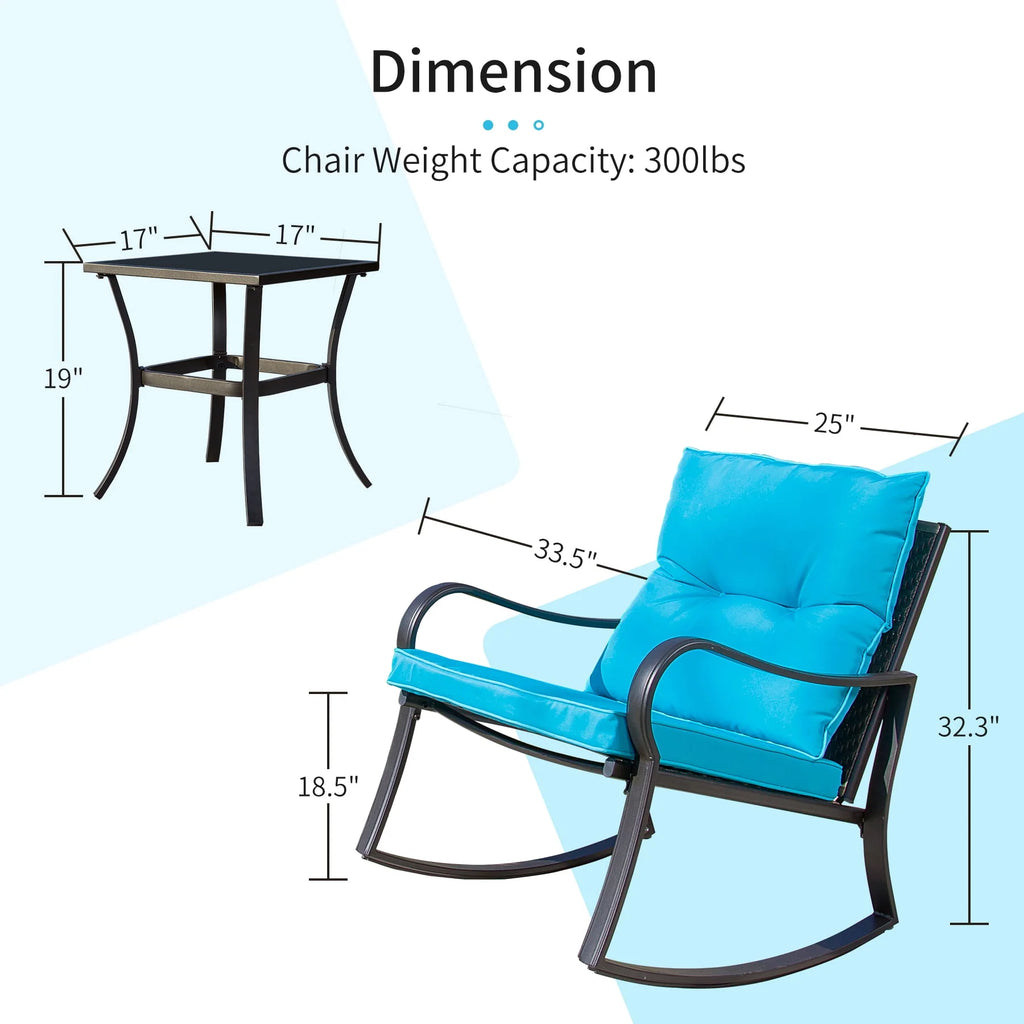 3 Pieces Bistro Set Rocking Chairs Cushion Glass Top Table Blue O1603