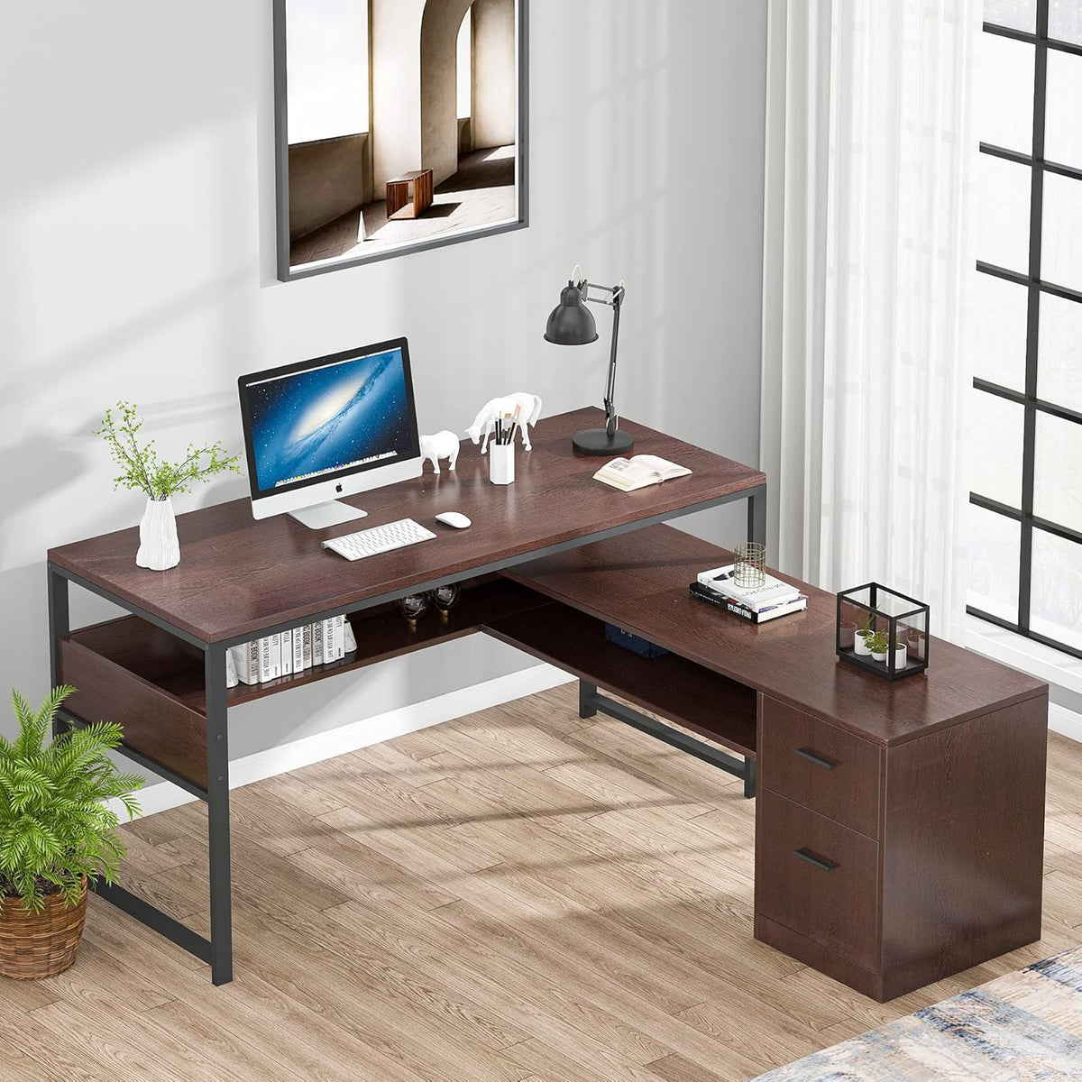 Cherry L-Shaped Computer Desk with Bookshelf and File Cabinet S638