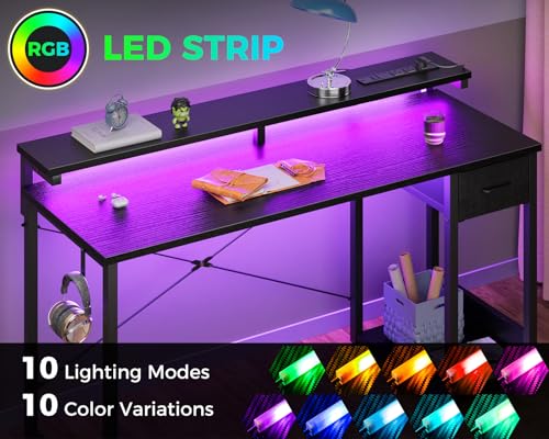 Black 40 Inch Computer Desk with LED Lights, Power Outlet, Drawer, Monitor Stand, Headphone Hook W3083
