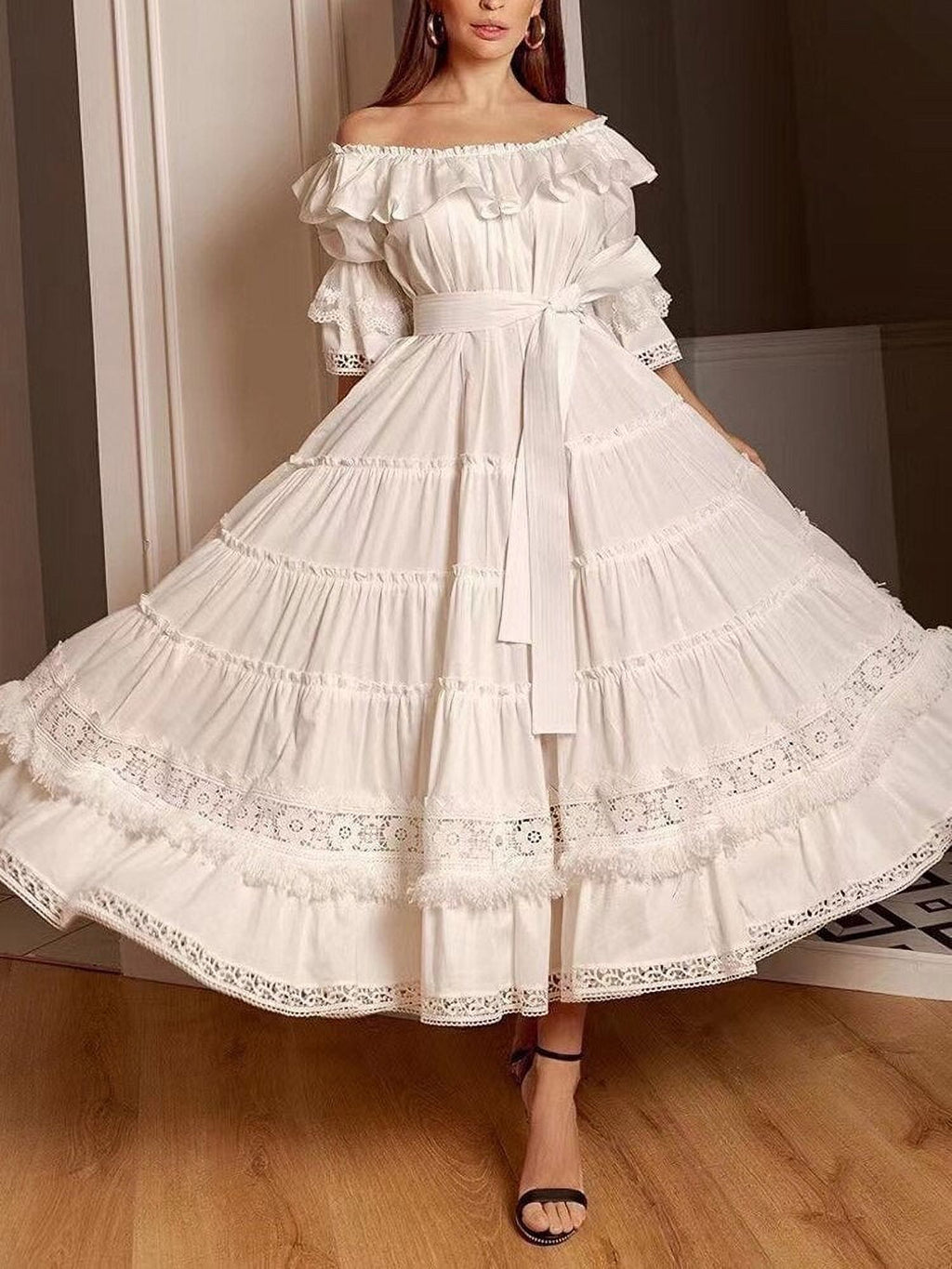 White Slash Neck Short Sleeve Long Dress P46630
