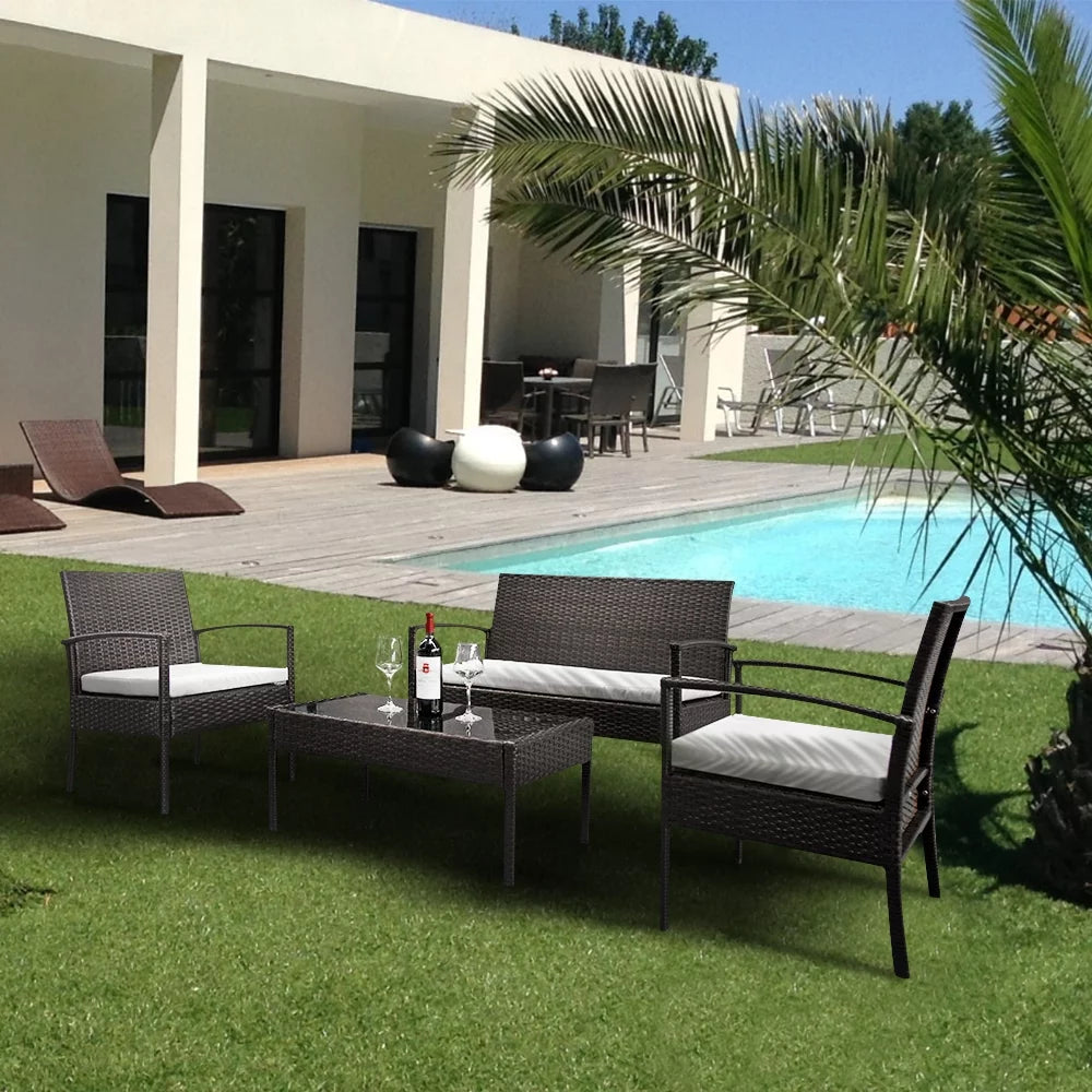 4 PCs Outdoor Wicker Conversation Set with Tempered Glass Coffee Table S803