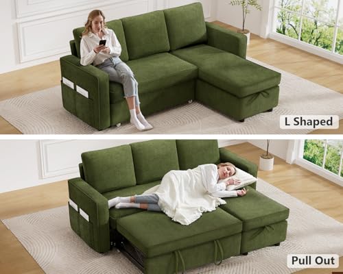 Green Chenille L Shaped Sleeper Sofa with Pull Out Bed E122