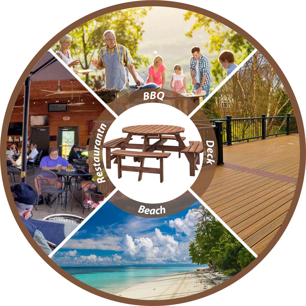 8-Person Circular Wooden Picnic Table with 4 Built-in Benches Gray L76794