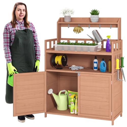 Brown Wooden Potting Bench with Storage Cabinet K783994