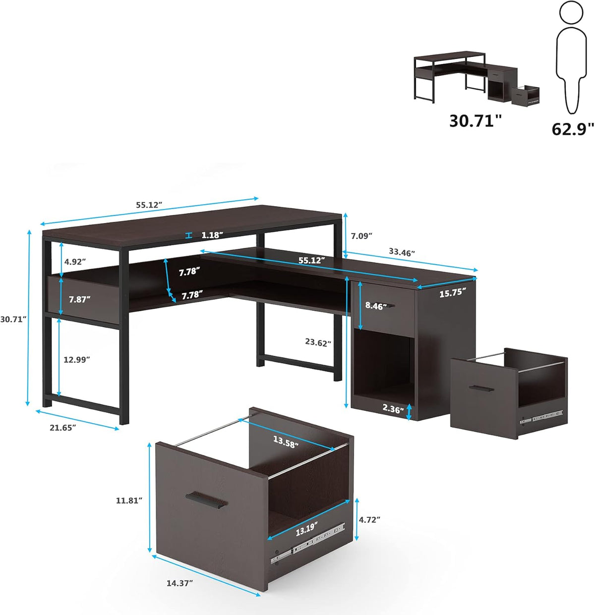 Cherry L-Shaped Computer Desk with Bookshelf and File Cabinet S638