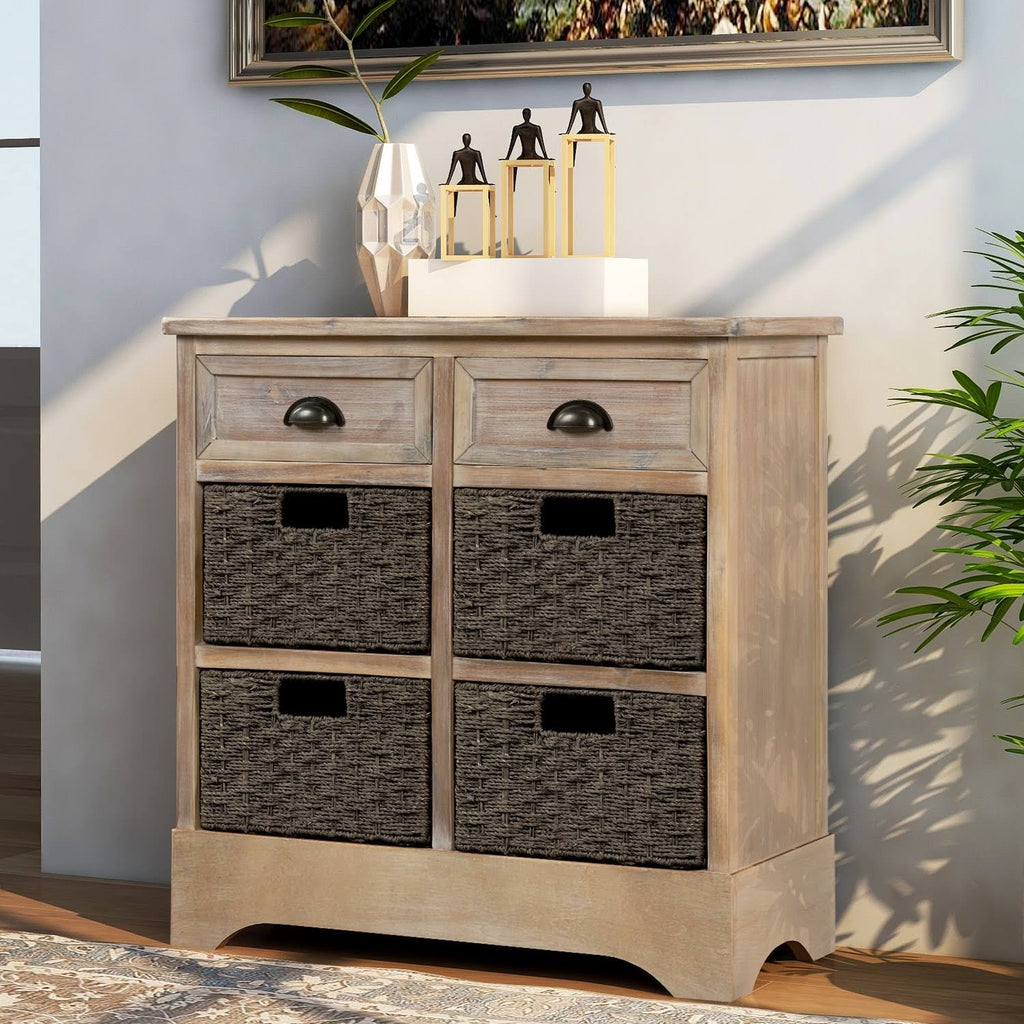 Rustic Storage Cabinet with 2-Drawers and 4 Fabric Basket Dark Brown R5080