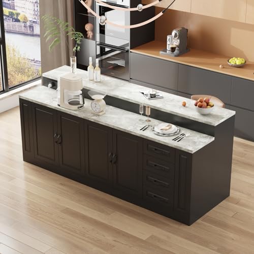 94.5" W Stationary Kitchen Island Storage Cabinet with Power Outlet, 3 Drawers, Black & Marble Grain F55584