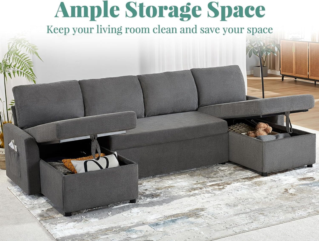 White Sherpa Sleeper Sofa with Storage Chaise V601179