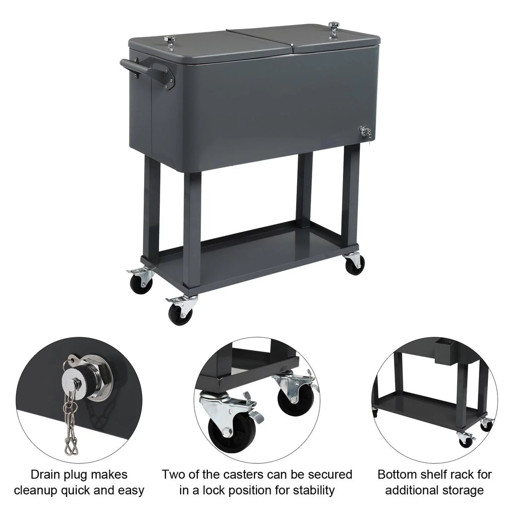 80QT Rolling Cooler Cart with Shelf Gray Q66771