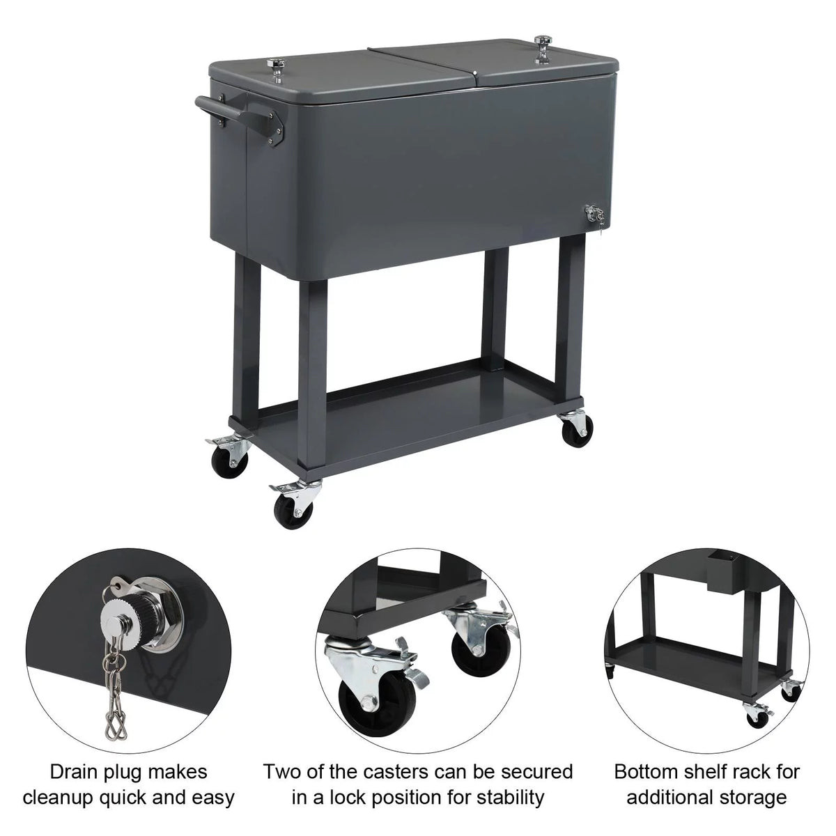 80QT Rolling Cooler Cart with Shelf Gray Q66771