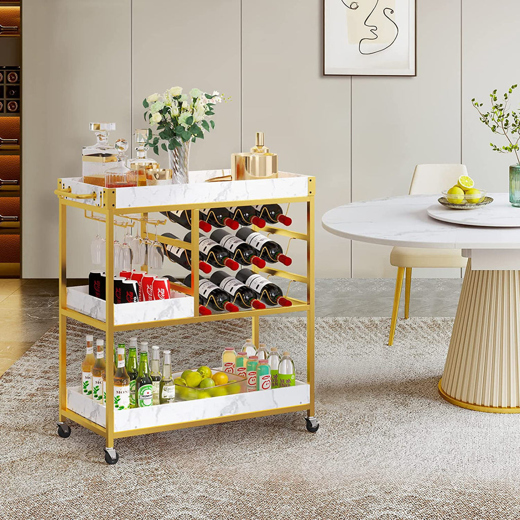 Gold Bar Cart with 12 Bottle Wine Rack E6957