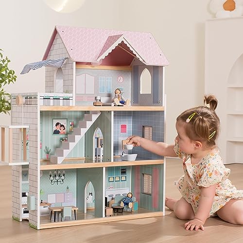 Large Pink Wooden Dollhouse with 15 Pcs Furniture & 3 Dolls M736