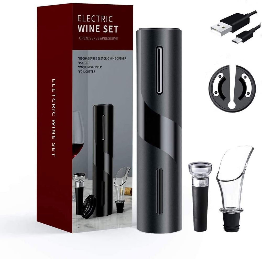 Rechargeable Electric Wine Opener Set with Foil Cutter, Vacuum Stopper and Wine Aerator Pourer M594625