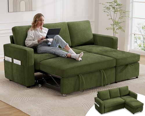 Green Chenille L Shaped Sleeper Sofa with Pull Out Bed E122