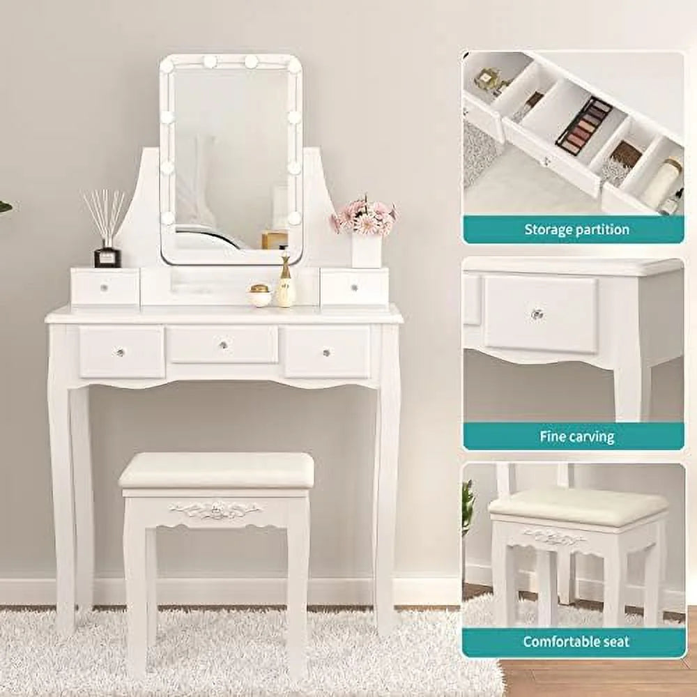 White Vanity Set with Lighted Tri-Fold Mirror and 4 Drawers I916