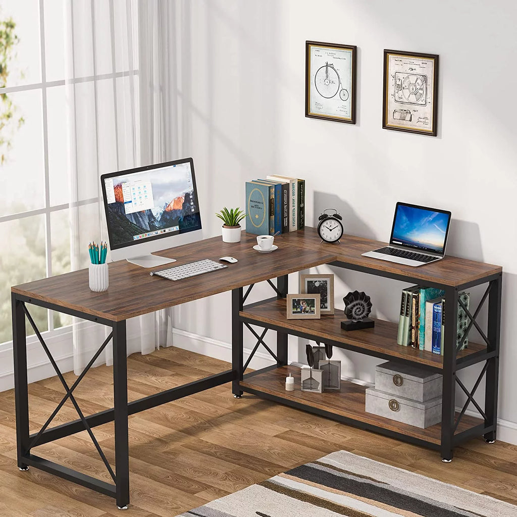 Reversible Industrial L-Shaped Desk with Storage Shelves, Corner Computer Desk (Brown, 59") S351907