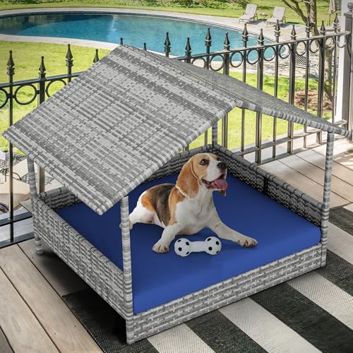Large Wicker Dog House with Cushion and Canopy N115681