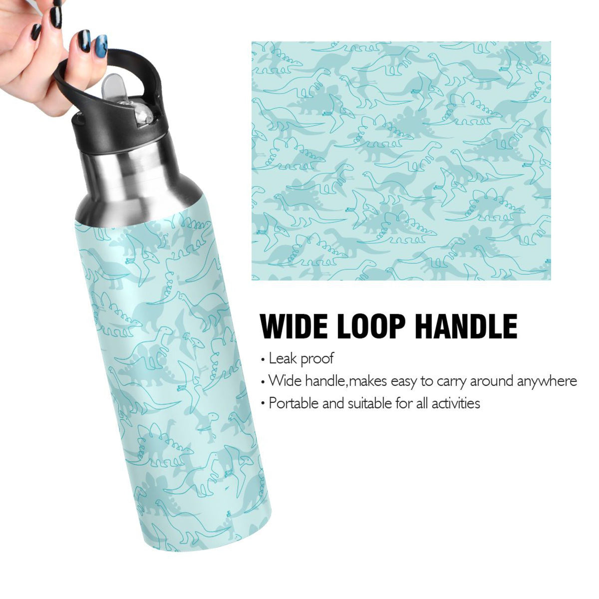 Dinosaur Green Pattern Stainless Steel Insulated Water Bottle with Straw Lid H623439