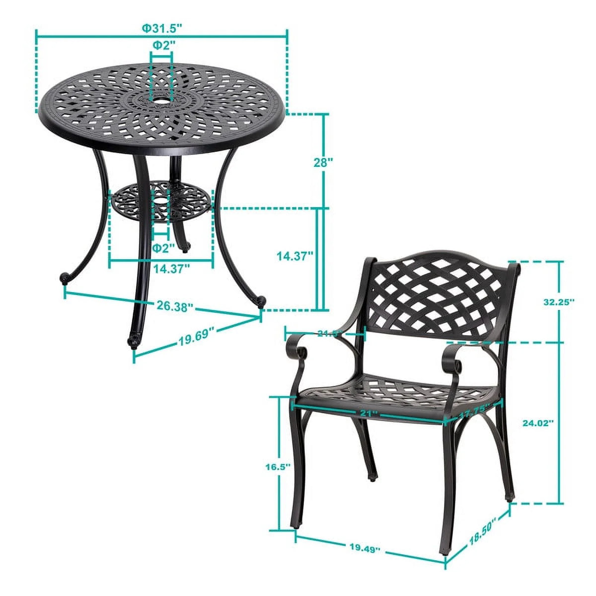 3 Piece Aluminum Patio Bistro Set with Umbrella Hole Z7701