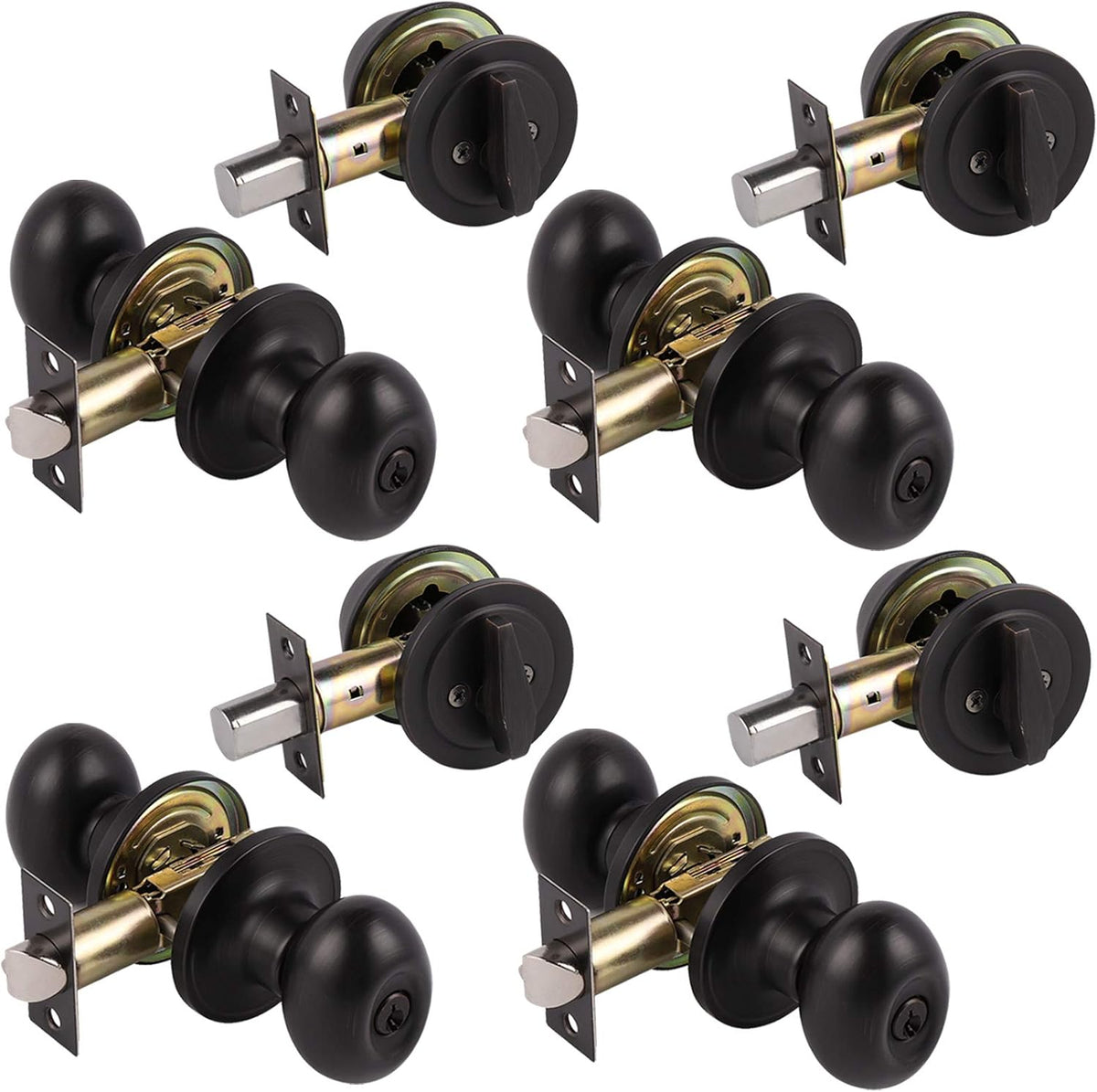 Satin Nickel Oval Door Knobs with Double Cylinder Deadbolts Combo Keyed Alike 3 Packs P19042
