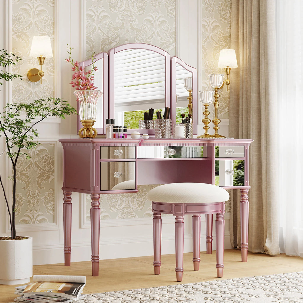 Pink Vanity Set with Tri-Fold Mirror and Stool U905633