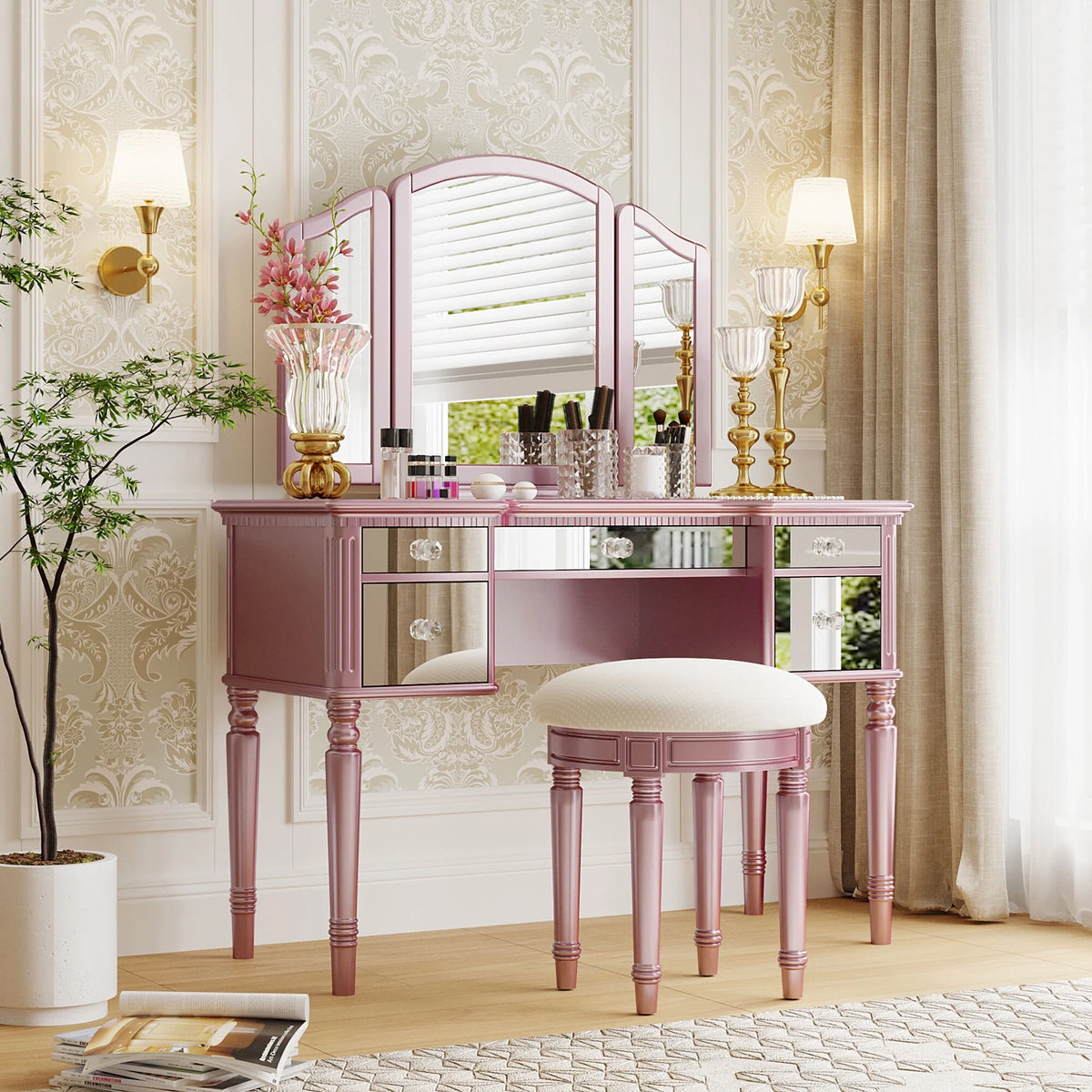 Pink Vanity Set with Tri-Fold Mirror and Stool U905633