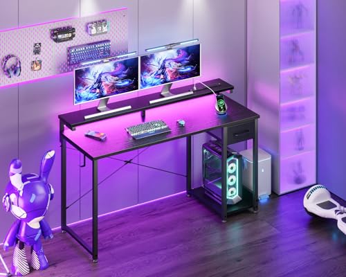 Black 40 Inch Computer Desk with LED Lights, Power Outlet, Drawer, Monitor Stand, Headphone Hook W3083