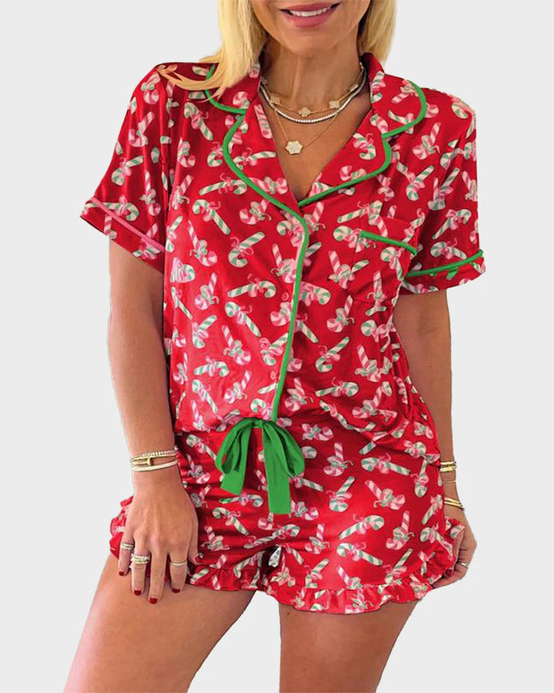 Christmas Candy Cane Print Pajama Short Set J119