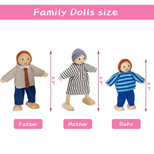 Large Pink Wooden Dollhouse with 15 Pcs Furniture & 3 Dolls M736