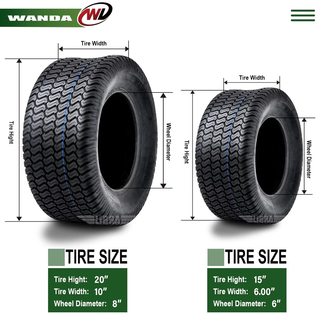 Set of 4 Lawn Mower Turf Tires 15x6-6 Front & 20x10-8 Rear J8375