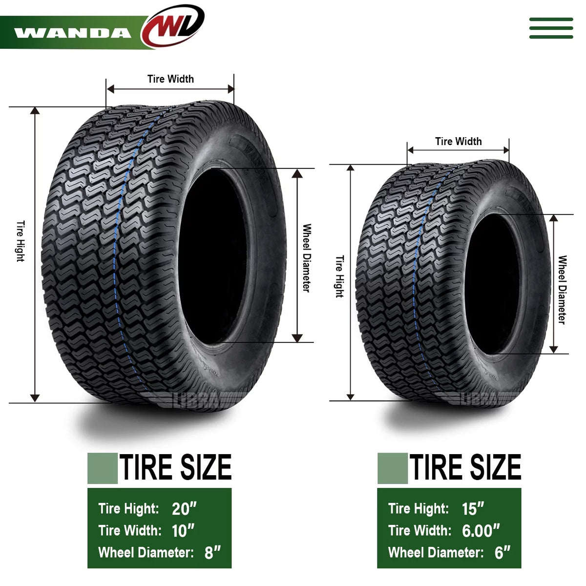Set of 4 Lawn Mower Turf Tires 15x6-6 Front & 20x10-8 Rear J8375