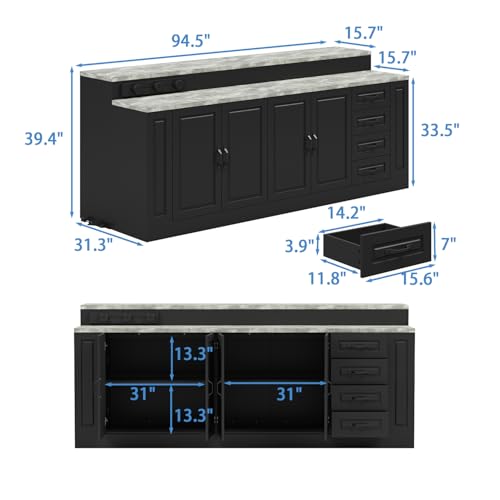 94.5" W Stationary Kitchen Island Storage Cabinet with Power Outlet, 3 Drawers, Black & Marble Grain F55584