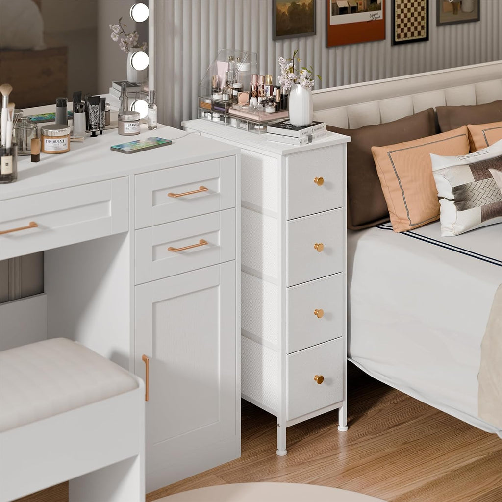 White 4 Drawer Slim Fabric Dresser with Steel Frame and Wood Top K72446