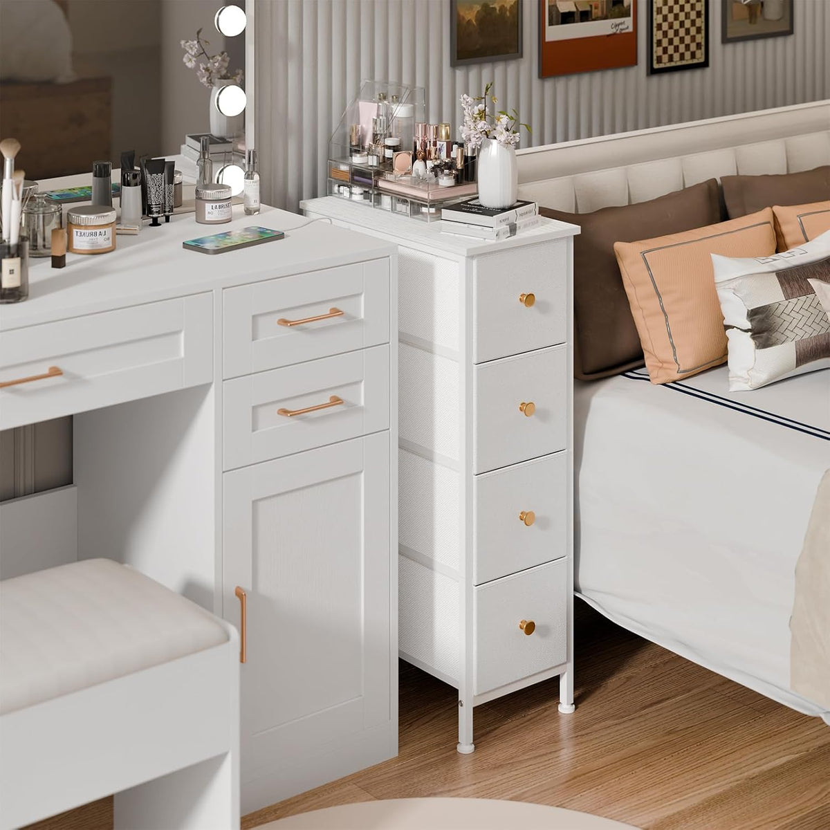 White 4 Drawer Slim Fabric Dresser with Steel Frame and Wood Top K72446