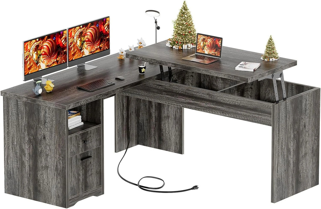 L Shaped Desk with Power Outlets and USB Charging Ports, Lift Top Corner Computer Desk with Drawer, Black Oak D18989