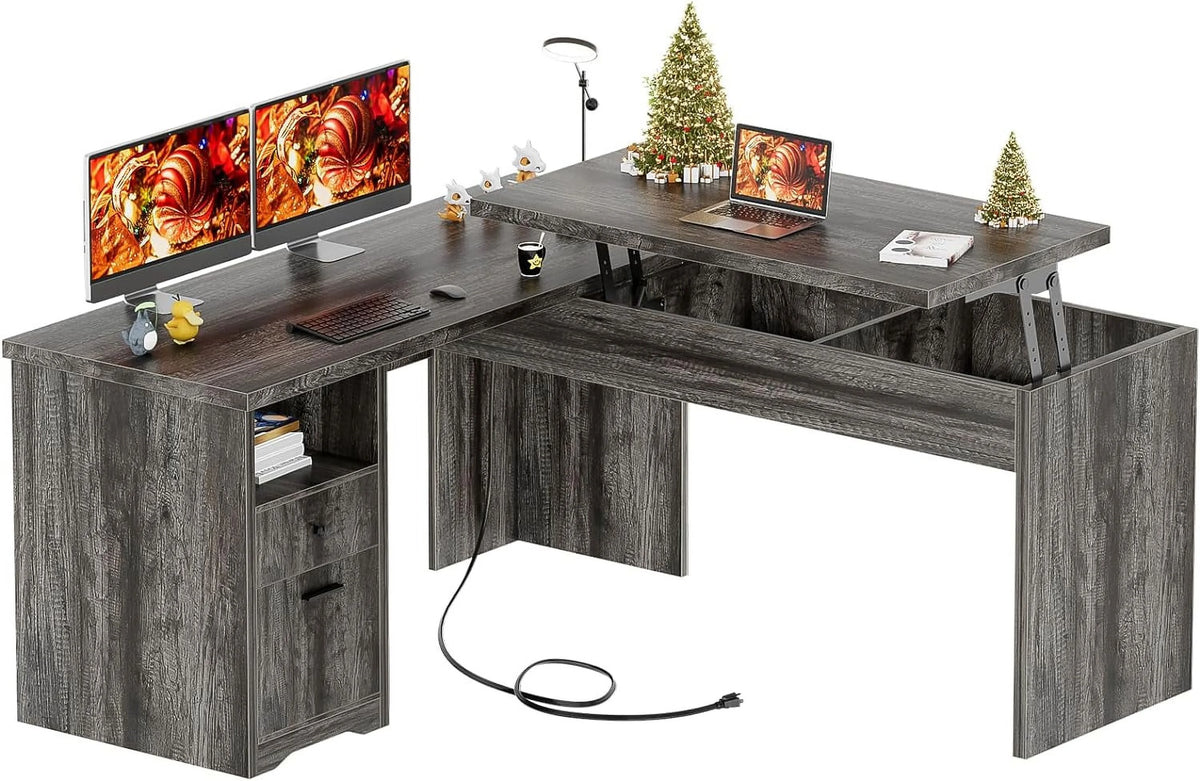 L Shaped Desk with Power Outlets and USB Charging Ports, Lift Top Corner Computer Desk with Drawer, Black Oak D18989