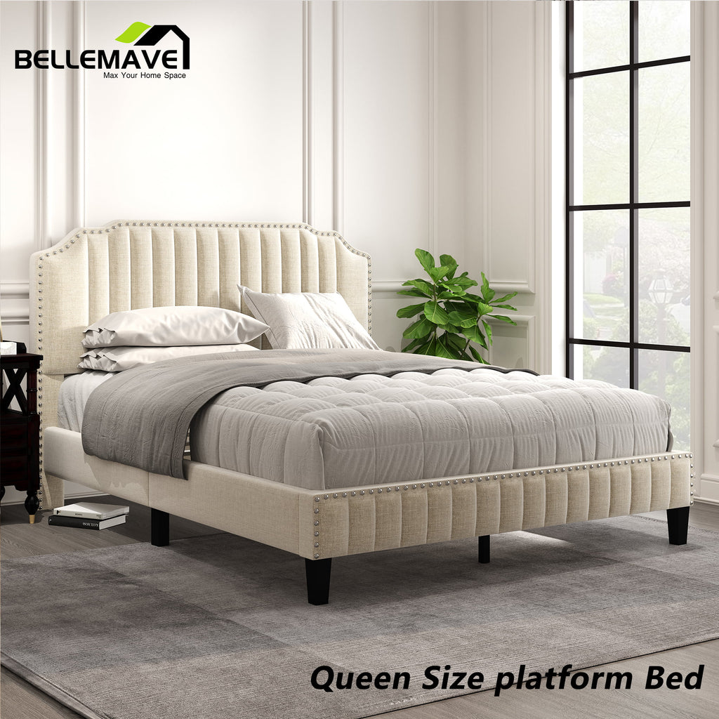 Linen Upholstered Platform Bed Frame Queen Size with Headboard T781
