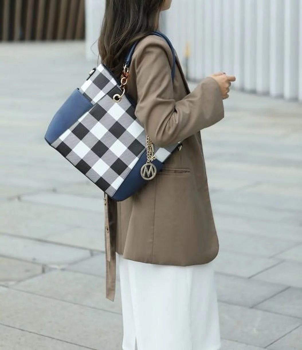 Black Checkered Shoulder Bag & Matching Wallet 2-Piece Set P4048