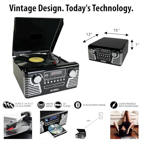 Black 3-Speed Turntable with CD Player, AM/FM Radio, Bluetooth Y13955