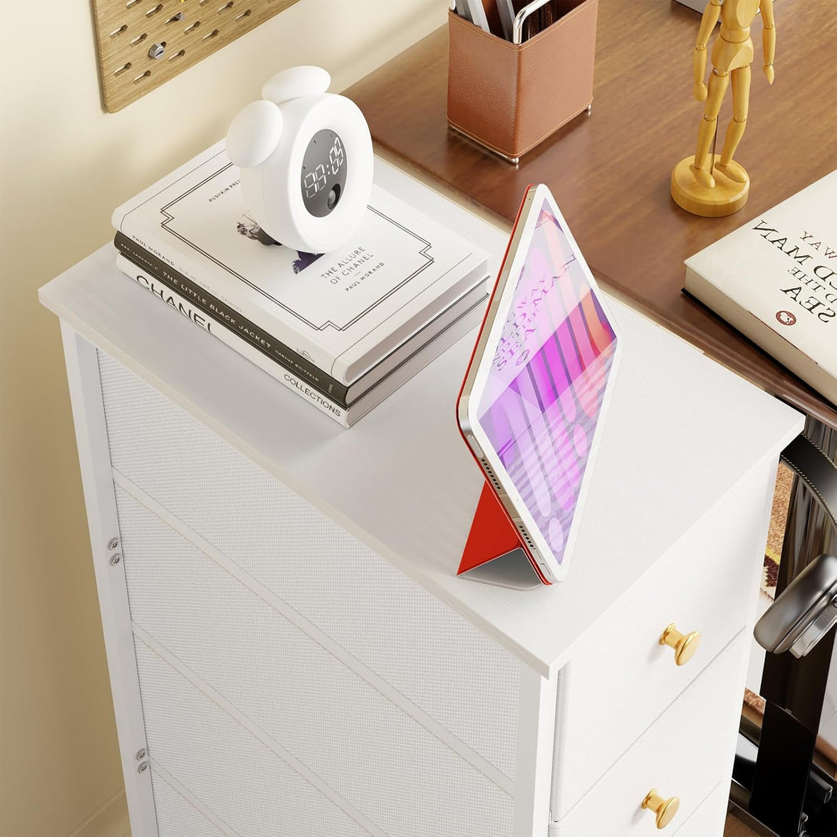 White 4 Drawer Slim Fabric Dresser with Steel Frame and Wood Top K72446