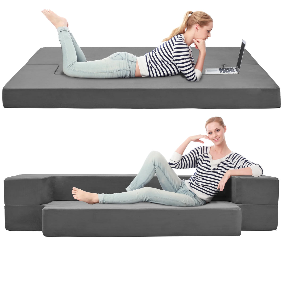 8 Inch Memory Foam Folding Sofa Bed Couch Dark Grey Queen S776